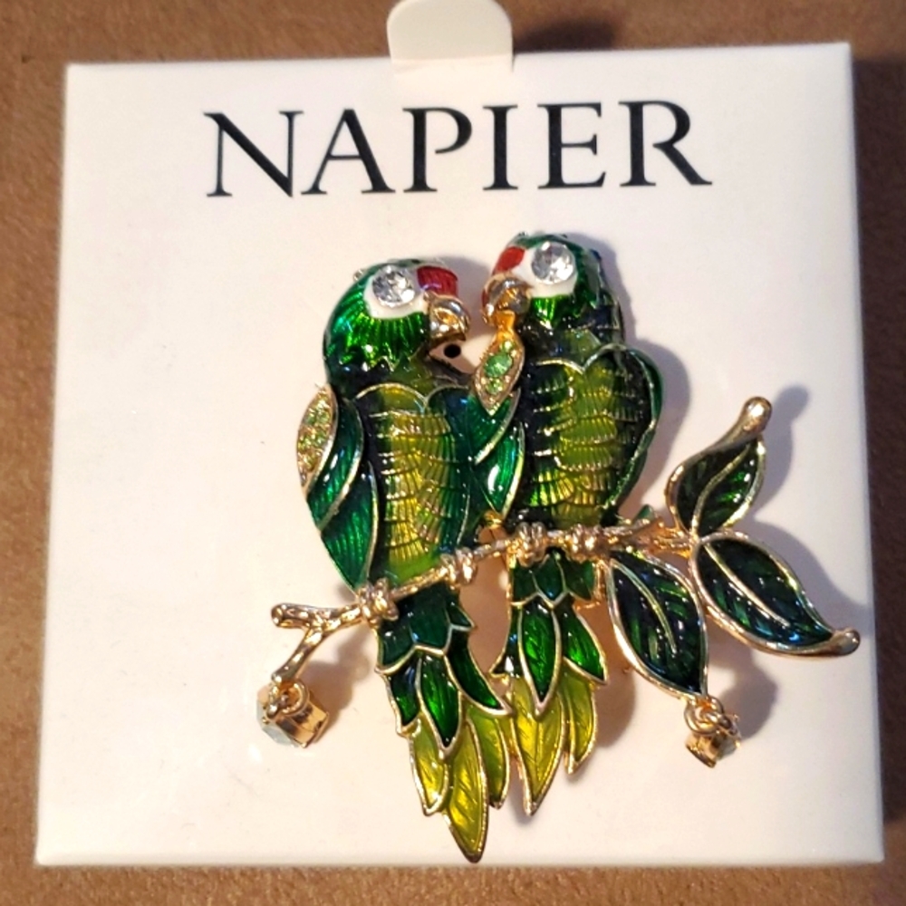Napier Vibrant Green and Gold Parrot Brooch